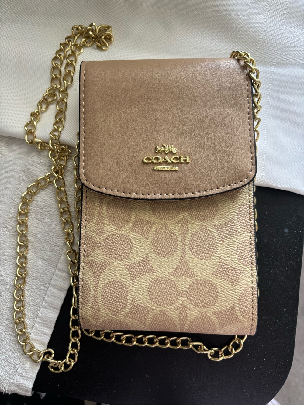 COACH Tan & Khaki Signature Crossbody with Gold Chain